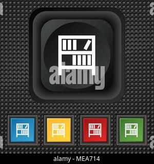 Bookshelf icon sign. symbol Squared colourful buttons on black texture. Vector illustration Stock Vector