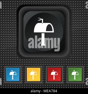 Mailbox icon sign. symbol Squared colourful buttons on black texture. Vector illustration Stock Vector