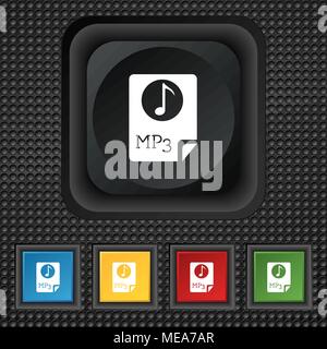 Audio, MP3 file icon sign. symbol Squared colourful buttons on black texture. Vector illustration Stock Vector