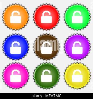 Open Padlock  icon sign. A set of nine different colored labels. Vector illustration Stock Vector