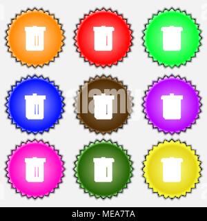 Recycle bin, Reuse or reduce  icon sign. A set of nine different colored labels. Vector illustration Stock Vector