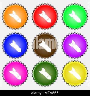 Missile,Rocket weapon  icon sign. A set of nine different colored labels. Vector illustration Stock Vector