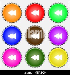 rewind icon sign. A set of nine different colored labels. Vector ...