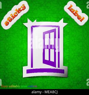 Door, Enter or exit icon sign. Symbol chic colored sticky label on green background. Vector illustration Stock Vector