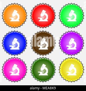 microscope  icon sign. A set of nine different colored labels. Vector illustration Stock Vector