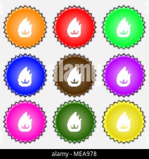 Fire flame  icon sign. A set of nine different colored labels. Vector illustration Stock Vector
