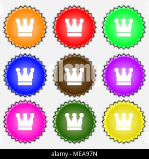 King, Crown  icon sign. A set of nine different colored labels. Vector illustration Stock Vector