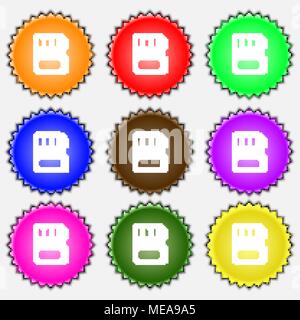 compact memory card  icon sign. A set of nine different colored labels. Vector illustration Stock Vector