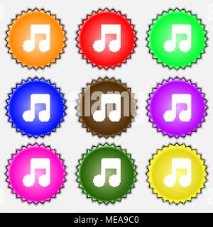 Music note  icon sign. A set of nine different colored labels. Vector illustration Stock Vector