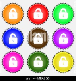 Open Padlock  icon sign. A set of nine different colored labels. Vector illustration Stock Vector