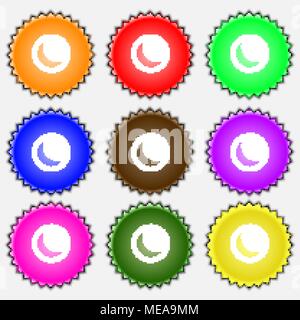 moon  icon sign. A set of nine different colored labels. Vector illustration Stock Vector