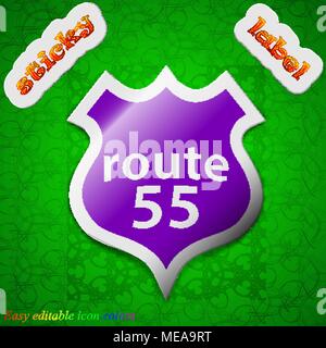 Route 55 highway icon sign. Symbol chic colored sticky label on green background. Vector illustration Stock Vector