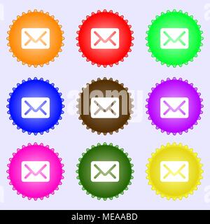 Mail, envelope, letter icon sign. A set of nine different colored labels. Vector illustration Stock Vector