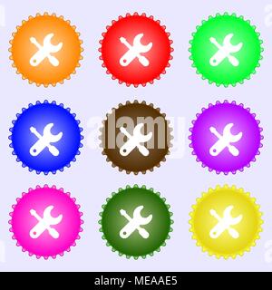 screwdriver, key, settings icon sign. A set of nine different colored labels. Vector illustration Stock Vector