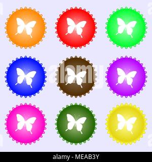 butterfly icon sign. A set of nine different colored labels. Vector illustration Stock Vector