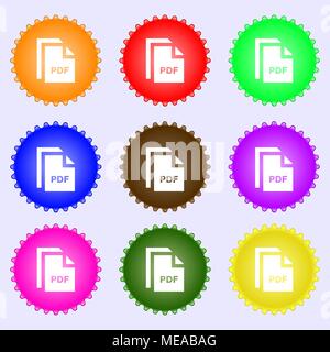 file PDF icon sign. A set of nine different colored labels. Vector illustration Stock Vector
