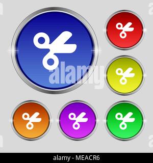 Scissors hairdresser, Tailor icon sign. Round symbol on bright colourful buttons. Vector illustration Stock Vector