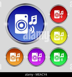 music column, disco, music, melody, speaker icon sign. Round symbol on bright colourful buttons. Vector illustration Stock Vector