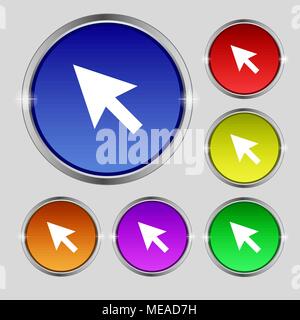 arrow cursor, computer mouse icon sign. Round symbol on bright colourful buttons. Vector illustration Stock Vector
