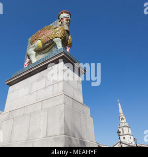 The Invisible Enemy Should Not Exist, by Michael Rakowitz, is a sculpture of Lamassu made from empty date cans, on the Fourth Plinth, Trafalgar Square Stock Photo
