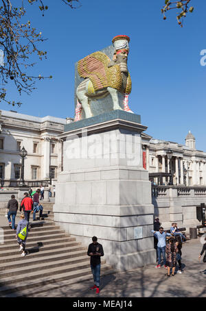 The Invisible Enemy Should Not Exist, by Michael Rakowitz, is a sculpture of Lamassu made from empty date cans, on the Fourth Plinth, Trafalgar Square Stock Photo
