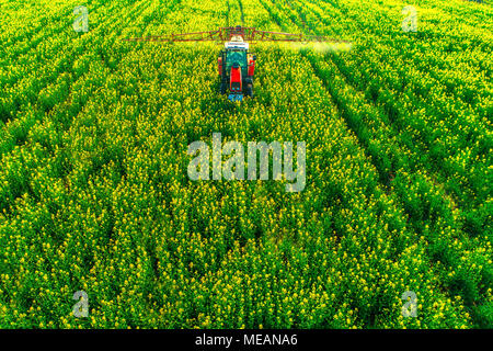 Aerial view of farming tractor plowing and spraying on field. Stock Photo