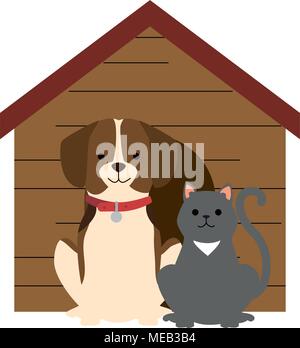 cute dog and cat with wooden house characters vector illustration ...