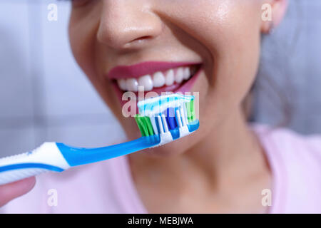 Close up of Clean and white teeth. Ready for cleaning teeth, toothbrush and toothpaste Healthy Teeth Stock Photo