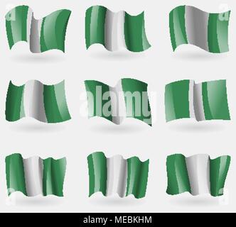 Set of Nigeria flags in the air. Vector illustration Stock Vector