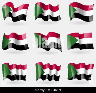 Set of Sudan flags in the air. Vector illustration Stock Vector