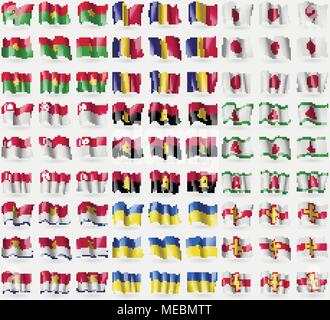 Burkia Faso, Romania, Japan, Singapore, Angola, Ingushetia, Kiribati, Ukraine, Guernsey. Big set of 81 flags. Vector illustration Stock Vector