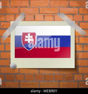 Flags of Slovakia scotch taped to a red brick wall. Vector Stock Vector