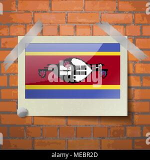 Flags of Swaziland scotch taped to a red brick wall. Vector Stock Vector
