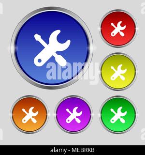 screwdriver, key, settings icon sign. Round symbol on bright colourful buttons. Vector illustration Stock Vector