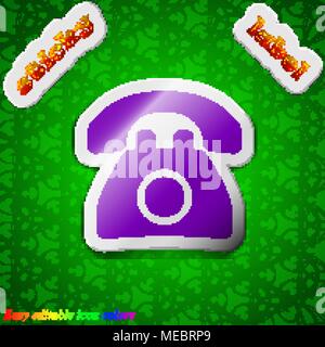 Retro telephone  icon sign. Symbol chic colored sticky label on green background. Vector illustration Stock Vector