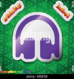 Headphones, Earphones  icon sign. Symbol chic colored sticky label on green background. Vector illustration Stock Vector