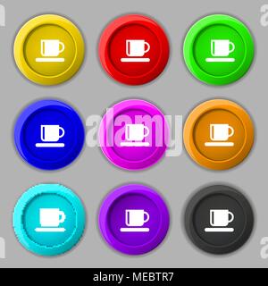 Coffee cup icon sign. symbol on nine round colourful buttons. Vector illustration Stock Vector