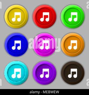 Music note icon sign. symbol on nine round colourful buttons. Vector illustration Stock Vector