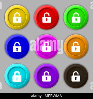 Open Padlock icon sign. symbol on nine round colourful buttons. Vector illustration Stock Vector