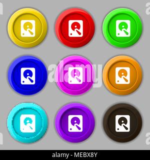 hard disk icon sign. symbol on nine round colourful buttons. Vector illustration Stock Vector