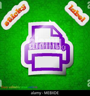3d Printing icon sign. Symbol chic colored sticky label on green background. Vector illustration Stock Vector