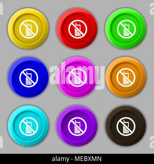 mobile phone is prohibited icon sign. symbol on nine round colourful buttons. Vector illustration Stock Vector