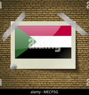 Flags of Sudan at frame on a brick background. Vector illustration Stock Vector