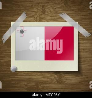 Flags of Malta at frame on wooden texture. Vector illustration Stock Vector