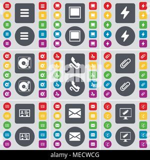 Apps, Window, Flash, Gramophone, Receiver, Clip, Contact, Message, Monitor icon symbol. A large set of flat, colored buttons for your design. Vector i Stock Vector