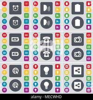 Alarm clock, Talk, Battery, Charging, Retro phone, Camera, Web cursor, Light bulb, Share icon symbol. A large set of flat, colored buttons for your de Stock Vector