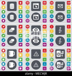 Database, Window, Message, Gallery, Vision, Clef, Cup, Warning, Speaker icon symbol. A large set of flat, colored buttons for your design. Vector illu Stock Vector