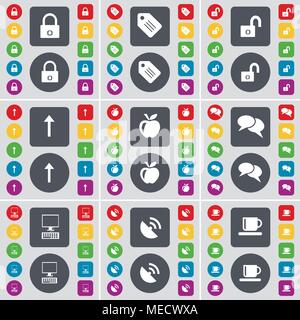 Lock, Tag, Arrow up, Apple, Chat, Monitor, Satellite dish, Cup icon ...