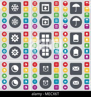 Snowflake, Window, Umbrella, Gear, Apps, Battery, Moon, Alarm clock, Message icon symbol. A large set of flat, colored buttons for your design. Vector Stock Vector