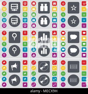 Server, Binoculars, Star, Checkpoint, Diagram, Chat cloud, Megaphone, Disk, Equalizer icon symbol. A large set of flat, colored buttons for your desig Stock Vector